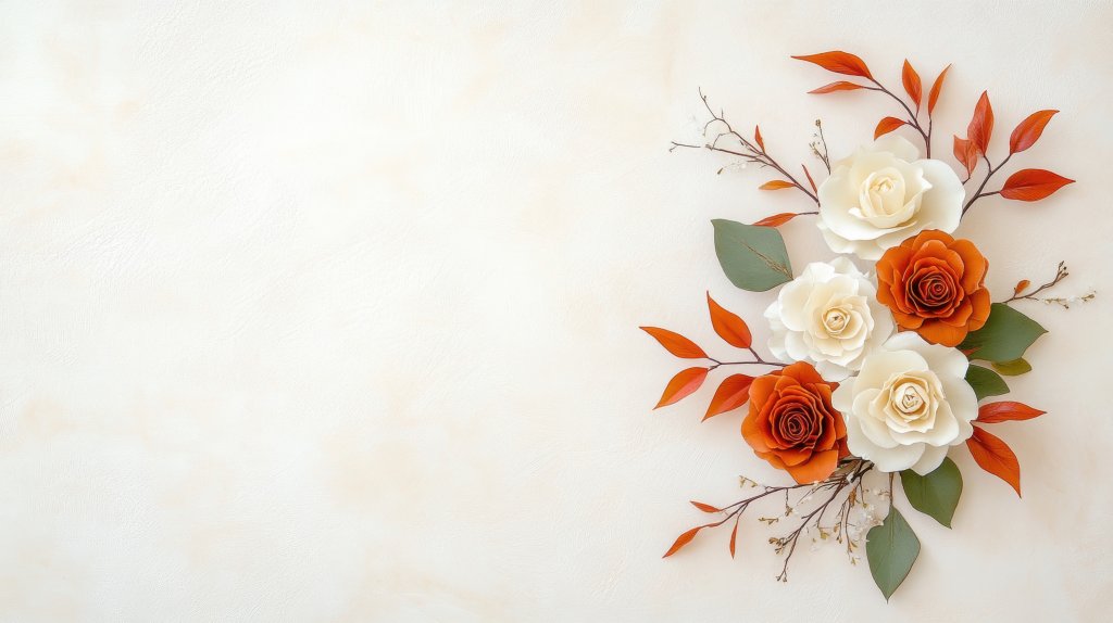 A stunning structured wedding bouquet features dried camellias, preserved ivy, and muted beige roses arranged beautifully.